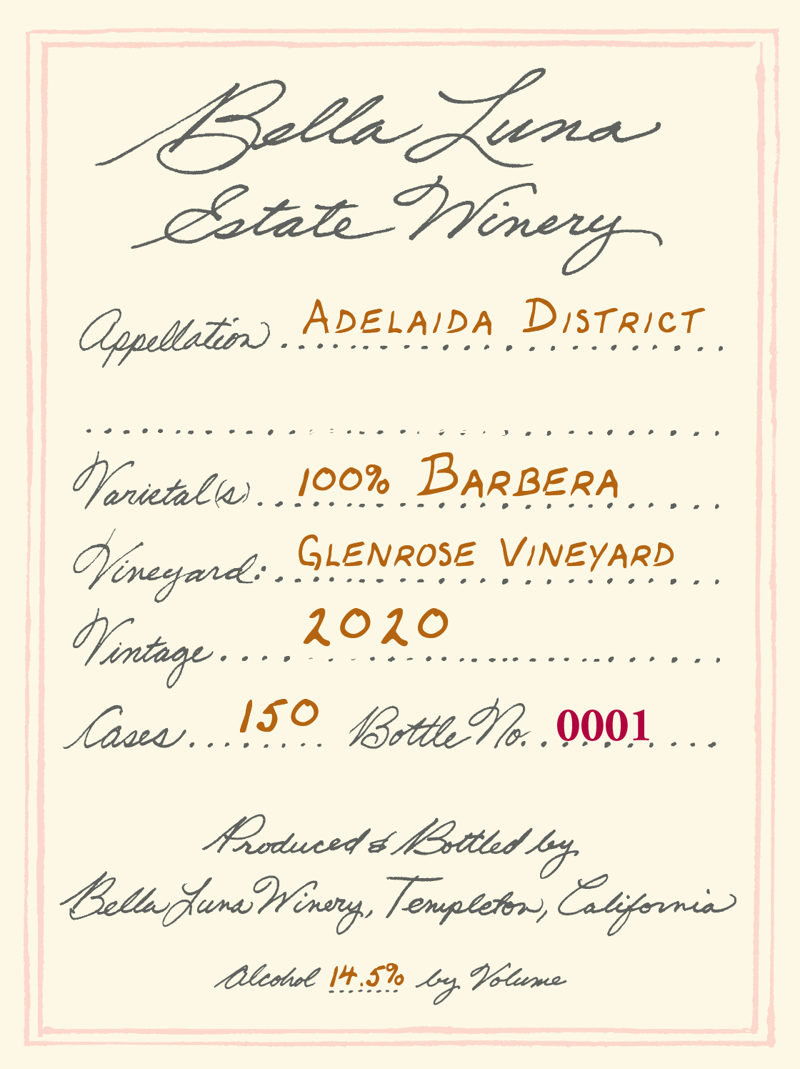 A Bella Luna Estate Winery Glenrose Barbera red wine, featuring a ruby-red hue and notes of cherries, raspberries, subtle spice, and earth, with vibrant acidity and smooth, balanced tannins.