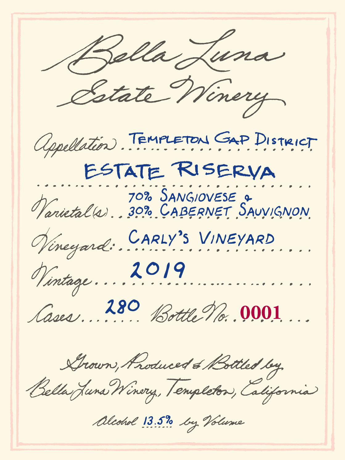 Label of the 2019 Estate Riserva Super-Tuscan Blend wine featuring tasting notes highlighting a 70% Sangiovese and 30% Cabernet Sauvignon blend from a dry-farmed vineyard. Award-winning wine with 92 points for its ripe cherry and red plum flavors, notes of sandalwood, smoked tobacco, and baking spices. Recognized with 98 points and Platinum awards, including 2023 Domestic Wine of the Year. Vineyard details: Carly’s Vineyard, planted in 1998 with dry-farmed, head-trained vines in fine loamy soils.