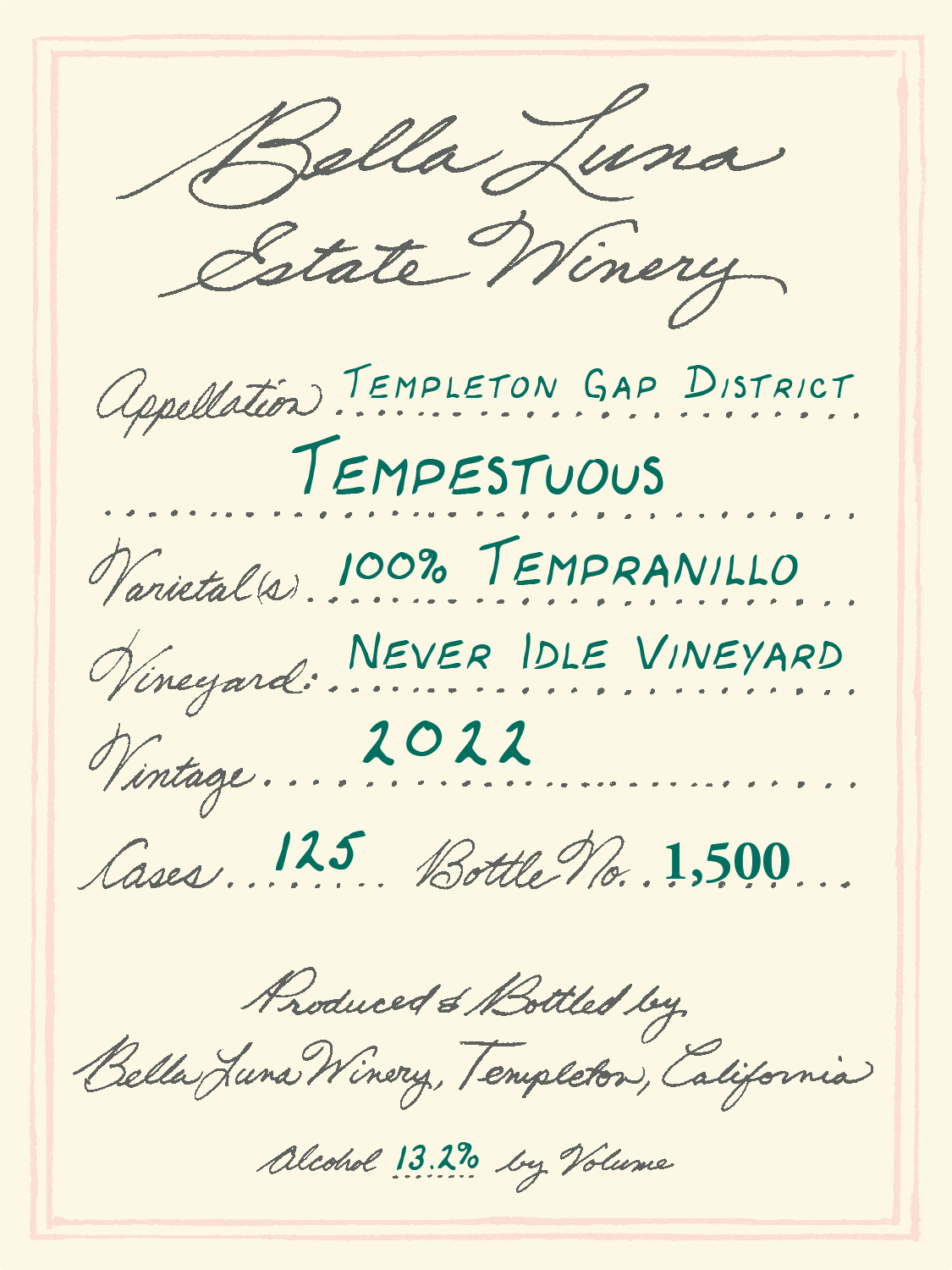 Label of the 2022 Tempranillo wine featuring tasting notes of black cherries, plums, white pepper, sandalwood, and chocolaty herb accents. The medium-bodied red showcases classic Tempranillo tannins and a smooth texture, rated 90-92 points, with aging potential through 2032.