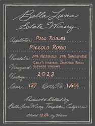 Label for a 2023 vintage Tempranillo wine from the Templeton Gap District in Paso Robles. Harvested in September 2023 with a sugar level of 22.5, acidity of 7.1, and pH of 3.02. Fermented with native yeast and aged for 7 months in stainless steel barrels. Bottled on May 1, 2024, with 0 residual sugar and 13.2% alcohol content.